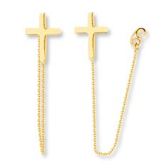 These sleek front-back earrings for her feature a cross, crafted of 14K yellow gold, with a chain that connects to the friction backs. Gold Stock, Front Back Earrings, Jewelry Advice, Kay Jewelers, Yellow Gold Earring, Rings Wedding, A Cross, Religious Jewelry, Accessories Jewelry Earrings