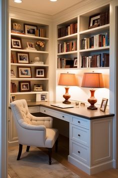 a white chair sitting in front of a desk with a lamp on top of it