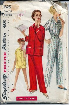 Simplicity 1325 Ladies Pajamas Shortie Two Piece Vintage Sewing Pattern 1950s - VintageStitching - Vintage Sewing Patterns Pajama Sewing Pattern, 1950s Poodle Skirt, 1950s Shirtwaist Dress, 1950s Prom Dress, Ladies Pajamas, Long Pajamas, 1950s Women, 1950s Cocktail Dress, Pajamas Short