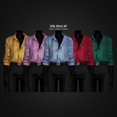 six different colored shirts on mannequins in front of a black background with the words silk shirt af