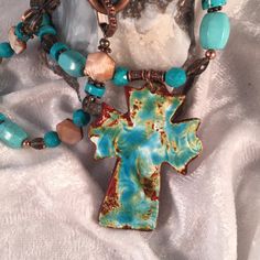 Cross Pendant Turquoise Necklace, Country Western Jewelry,  Mother of Pearl Shells, faceted Smokey Q Artisan Turquoise Necklace With Faceted Beads, Bohemian Cross Beaded Necklace Gift, Bohemian Turquoise Necklace With Faceted Beads For Gift, Bohemian Turquoise Necklace With Faceted Beads, Spiritual Turquoise Czech Glass Necklace, Artisan Turquoise Necklace With Czech Glass, Turquoise Czech Glass Necklace For Healing, Bohemian Turquoise Cross Necklace, Handmade Turquoise Cross Necklace Spiritual