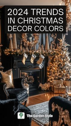 a living room decorated for christmas with gold decorations and stockings on the fireplace mantel