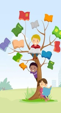 children reading books on a tree with many different colored books flying in the air above them