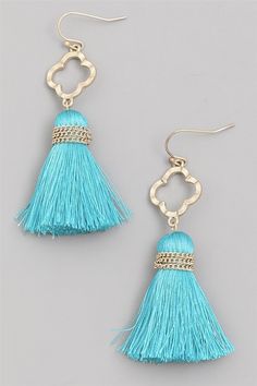 - Drop Earrings- Tassel- Turquoise- Chain & Quatrefoil Detail- Gold- L: 2.75"- Fish Hook Ear Wire Earrings Tassel, Bracelets Easy, Clover Design, Stylish Earrings, Diy Bracelets Easy, Earring Ideas, Tassel Drop Earrings, Tassel Jewelry, Stylish Earring