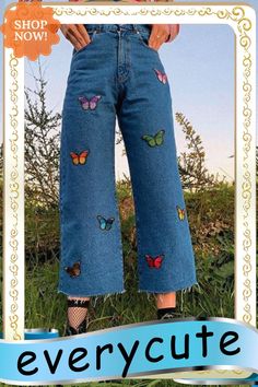 Butterfly Embroidery Wide Leg Jeans Trendy Embroidered Cotton Pants, Trendy Embroidered Pants For Fall, Casual Bottoms With Butterfly Embroidery For Spring, Casual Multicolor Floral Embroidery Bottoms, Casual Multicolor Floral Embroidered Bottoms, Spring Embroidered Multicolor Bottoms, Multicolor Embroidered Cotton Bottoms, Butterfly Embroidery, Embroidered Jeans