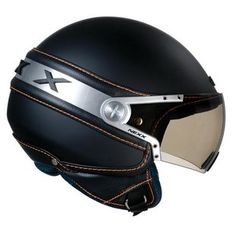 the helmet is black with orange stitching and silver accents on the visor,