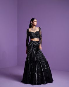 Shooting Star Lehenga Set | Black Lehenga Set | Parul Gandhi – B Anu Designs Party Wear Embellished Long Sleeve Sharara, Party Wear Long Sleeve Embellished Sharara, Fitted Anarkali Lehenga With Sequins, Long Sleeve Embellished Sharara For Party Wear, Embellished Long Sleeve Sharara For Party Wear, Sequin Fitted Lehenga, Fitted Bollywood Style Sequined Sharara, Fitted Anarkali Choli With Sequins, Party Style Sequined Sharara