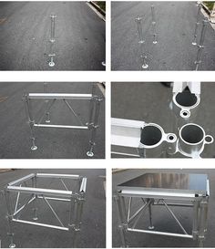 four different angles of a metal table with glass top and steel legs on each side