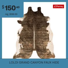 the back side of a brown and white cowhide rug with text that reads $ 150 00 reg $ 108 00