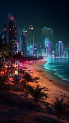 the city is lit up at night by the beach and palm trees on the shore