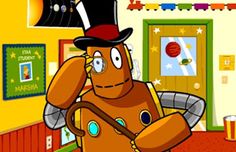 a cartoon character with a top hat and holding a cane in front of a room full of children's toys