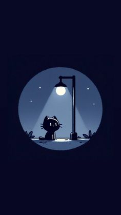 a cat sitting under a street light at night with the moon in the sky behind it