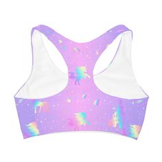 Crafted from a soft, lightweight double-lined fabric, this racerback sports bra is designed with comfort and adjustability in mind; the elastic band allows the wearer to fit the garment exactly to their body shape while remaining seamless and non-abrasive during physical exertion. Elegantly adorned with an enchanting all-over Pastel Unicorn Fairytale print, this is an ideal choice for any active girl. : Material: 82% polyester, 18% spandex .: Medium fabric (7.5 oz /yd²).: Runs true to size.: Rac Fitted Racerback Bra For Training, Fitted Racerback Training Bra, Racerback Crop Top For Training, Light Support Racerback Crop Top For Exercise, Racerback Crop Top With Light Support For Exercise, Medium Support Racerback Crop Top For Light Exercise, Fitted Light Support Racerback Bra, Stretch Racerback Training Bra, High Stretch Racerback Bra For Light Exercise