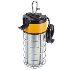 a yellow and black lantern with a wire cage around it on a white background,