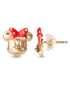 Add an iconic pop of color to your outfit with these Minnie Mouse earrings!  These classic 14k Gold and enamel earrings are sure to delight Disney  fans of all ages. Gold Mickey Mouse Jewelry For Gift, Gold Disney Mickey Mouse Jewelry, Disney Gold Mickey Mouse Jewelry, Disney Mickey Mouse Gold Jewelry, Themed Gold Earrings For Gifts, Disney Gold Earrings For Gift, Disney Gold Earrings As Gift, Gold Disney Earrings For Gift, Themed Mickey Mouse Jewelry As Gift