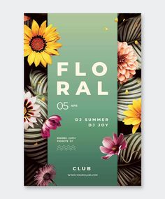 the flyer for flo ral's summer party is shown with flowers and leaves