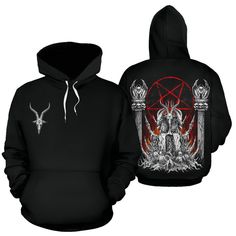 Skull Skeleton Satanic Goat Satanic Pentagram Flame Hoodie-Satanic Hoodie-Satanic Clothing-All of our men's hoodies are custom-made-to-order and handcrafted to the highest quality standards. Each hoodie is constructed from a premium polyester blend that is ultra-soft and incredibly comfortable. Features a specialty high definition heat-dye application that ensures long lasting color vibrancy even after machine washing. Fabric is durable and resistant to wrinkles, shrinking and mildew. Each Hoodi Alternative Style Skull Print Hoodie, Alternative Long Sleeve Hoodie With Skull Print, Gothic Winter Hoodie With Graphic Print, Gothic Graphic Print Winter Hoodie, Winter Gothic Hoodie With Graphic Print, Gothic Hooded Tops For Streetwear, Gothic Long Sleeve Cotton Hoodie, Gothic Hoodie With Graphic Print, Halloween Band Merch Hoodie With Drawstring Hood