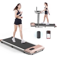 a woman is running on a treadmill with an appliance and phone nearby