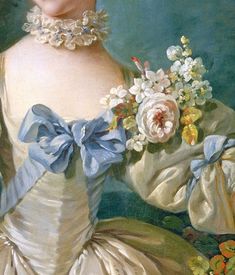 a painting of a woman wearing a white dress with blue bows and flowers in her hair