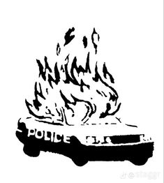 a police car with flames coming out of it's hood and the word police written in black ink