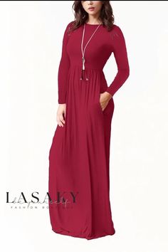 Lasaky - Elegant Long-Sleeved Belted Maxi Dress Casual Long Sleeve Non-stretch Maxi Dress, Casual Long Sleeve Solid Color Maxi Dress, Casual Long Sleeve Plain Dress, Plain Long Sleeve Casual Dress, Casual Plain Long Sleeve Dress, Casual Plain Maxi Dress For Fall, Plain Long Sleeve Maxi Dress For Fall, Plain Non-stretch Dress For Fall, Modest Long Sleeve Plain Maxi Dress