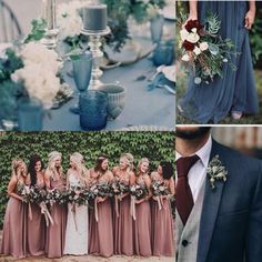 a collage of photos with different bridesmaid dresses and bouquets in them