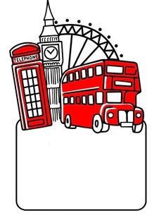 a drawing of london with a red bus and a big ben clock tower in the background