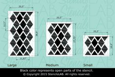 three black and white wall hangings with the measurements for each paneled window frame