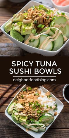 this spicy tuna sushi bowl is loaded with cucumbers and rice