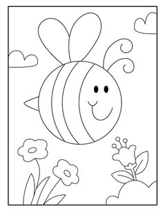 a cartoon bee flying through the air with flowers and clouds in the sky behind it