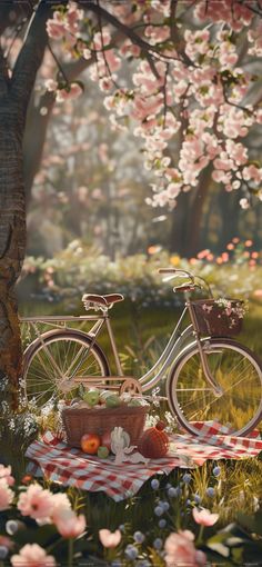 a bicycle is parked next to a picnic table in the grass with flowers on it