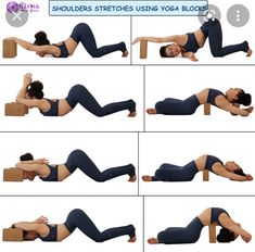 a woman is doing yoga poses on her stomach and back with the words shoulders stretches using yoga blocks