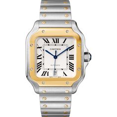 Cartier - Santos de Cartier watch - Watch Man Gold/Steel/Leather - Santos watch, large model, mechanical movement with automatic winding, caliber 1847 MC. Steel case and 18K yellow gold bezel, 7-sided crown set with a faceted synthetic spinel, silvered opaline dial, blued-steel sword-shaped hands, sapphire crystal. Steel bracelet with “SmartLink” adjustment system. Second bracelet in calfskin, with interchangeable steel folding buckle. Both bracelets are fitted with the “QuickSwitch” interchange Cartier Santos Watch, Bracelet Cartier, Cartier Panthere, Cartier Santos, Gold Watch Men, Automatic Watches For Men, Jake Gyllenhaal, Cartier Men, Cartier Watch