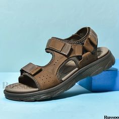 Russoo - Outdoor Mens Casual Sandals: Open Toe Design with Secure Hook-and-Loop Fastener, Enhanced Durability and Anti-Skid Traction for Beach and Leisure Wear Brown Sport Sandals For Summer Outdoor Activities, Sandal Kulit, Outdoor Men, Summer Patterns, Beach Sandals, Outdoor Wear, Toe Designs, Casual Sandals, Mens Casual