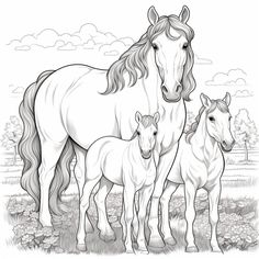 an adult horse and two young horses standing in the grass with trees behind them coloring page