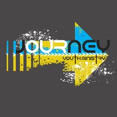 the words journey are painted on a black background with yellow and blue stripes, as well as an arrow