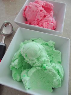 two bowls filled with green and pink ice cream