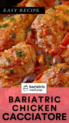 the recipe for baked chicken cacciatore is shown in red and black text