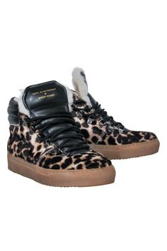 Current Boutique-Zespa - Beige & Black Leopard Print Calf Hair & Leather Lace-Up Avatar High Top Sneakers w/ Shearling Trim Sz 7.5 Chunky Turtleneck, Black Leopard Print, Hair Design, Buy Shoes Online, Black Leopard, Interior Trim, Calf Hair, Hair Designs, Lace Tops