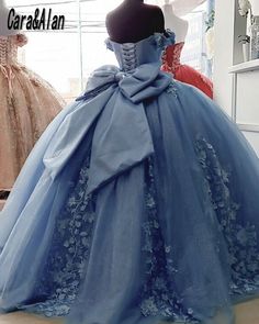 Dusty Blue Quinceanera Dress 3D Floral Applique Off Shoulder Sweet 16 With Bow | eBay Sweet 16 Gowns, Quinceanera Dresses Green, Ball Gown Quinceanera Dresses, Off Shoulder Ball Gown, Blue Ball Gown, Sweet 15 Dresses, Quinceñera Dresses, Girls Birthday Party Dress, Quinceanera Dresses Pink