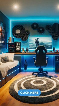 a bedroom with blue lighting and a black rug on the floor next to a bed