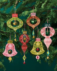 christmas ornaments hanging from a pine tree on a green background with red and yellow decorations