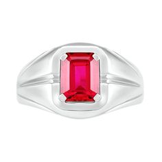 Vibrant and inviting, this men's fashion ring resonates with modern appeal. Crafted in sterling silver, this style showcases a 9.0 x 7.0mm emerald-cut bright red lab-created ruby - wrapped in a polished rectangle-shaped frame. Grooved details create a split-shank look and glisten along the outside edges for added depth and interest. Buffed to a brilliant luster, this ring is sure to stand out. Formal Sterling Silver Signet Ring With Rectangular Stone, Modern Signet Ring With Rectangular Stone And Polished Finish, Modern Signet Ring With Rectangular Stone For Formal Occasions, Classic Ruby Ring With Polished Rectangular Finish, Classic Ruby Ring With Rectangular Polished Finish, Classic Rectangular Ruby Ring With Polished Finish, Classic Signet Ring With Rectangular Gemstone, Modern White Gold Rings With Rectangular Stone, Modern White Gold Ring With Rectangular Stone