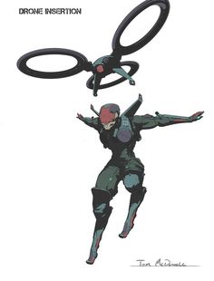 a drawing of a person flying through the air with two large scissors in their hands