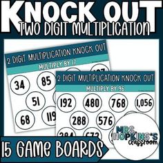 two game boards with numbers on them and the words knock out, two digit multiplica