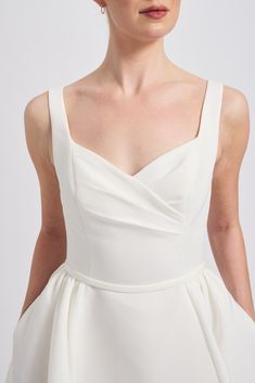 Faille draped bodice side gather dress. Shown in Silk White. Amsale Bridal, Gather Dress, Amsale Dress, Draped Bodice, Gathered Dress, Summer Soiree, Panel Dress, Reception Dress, Little White Dresses