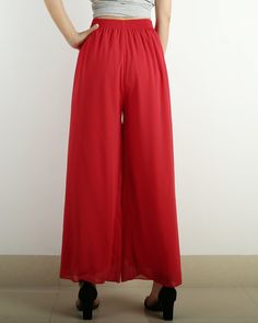 * A wide leg pants with elastic waist, made with beautiful pearl chiffon pants, very comfortable to wear, not easy to get wrinkled, very easy to take care of. * Material: outer-pearl chiffon, lining-100% polyester Custom made to fit, lead time is 6-8 days; Let us know your usual size in your country and your overall height. If you have some specific request or special characters such as broad shoulder, long arms, long waist, etc you think we need pay attention to when making, do let me know. * C Chic Red Wide Leg Full Length Pants, Red Wide Leg Cargo Pants, Chic Red Full Length Wide Leg Pants, Red Wide Leg Bottoms For Evening, Red Wide Leg Pants With Elastic Waistband, Elegant Red Ankle-length Wide Leg Pants, Wide Leg Trousers With Elastic Waistband For Evening, High Waist Red Pants For Evening, Party Pants With Elastic Waistband