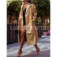 Women's Gold Metallic Foil Solid Casual Double Breasted Leather Trench Coat / Long Coat with Petite Black Belt, Women's Gold Leather Coat - from Luxe & Crafts. Material Type : 100% Genuine Patent Lambskin Leather. Collar : Shirt Style Collar. Length :  Knee Length. Closure Type :  Button Closure along with Outer Waist Belt Closure. Number of Pockets : 2 Side Pockets. Color : GOLD Lining Material : 100% Premium Lining / Viscose Lining. Care Instructions : Professional Leather Clean Only. Package Contains : 1 Leather Trench Coat/ Long Coat. Note:  Please Note : Color may differ slightly to the actual product due to variations, saturation, contrast and visibility levels according to your screen/display settings in the monitor. If you can't find the size you want :- We also Customize the Produ Chic Gold Double-breasted Outerwear, Trendy Gold Outerwear For Party, Trendy Gold Party Outerwear, Luxury Gold Double-breasted Outerwear, Trendy Double-breasted Party Outerwear, Gold Outerwear For Night Out, Luxury Gold Outerwear For Spring, Chic Gold Outerwear For Party, Gold Double-breasted Outerwear For Fall