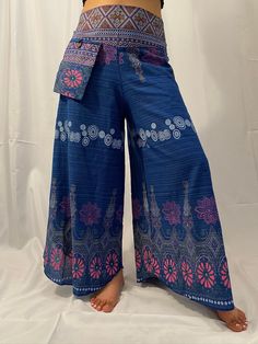 "Waist: Approx.19\" to 38\" Hips: Approx. 19\" to 38\" Length: Approx.37\" Material : 100% Organic cotton This Cotton Plazzo Pant with Hand Embroidery has the adjustable waist with elastic and fits most sizes and is perfect for practising yoga , dancing and can be dressed up. The embroidery on the top can be little different as it is hand embroidery. WE GLADLY ACCEPT FREE RETURNS" Casual Wide Leg Boho Print Harem Pants, Casual Boho Print Wide Leg Harem Pants, Bohemian Style Baggy Pants With Pockets, Hippie Pants With Pockets, Bohemian Straight Pants Bottoms With Pockets, Bohemian Long Pants With Elastic Waistband, Bohemian Straight Pants With Pockets, Non-stretch Bohemian Wide Leg Pants With Pockets, Bohemian Non-stretch Bottoms With Boho Print