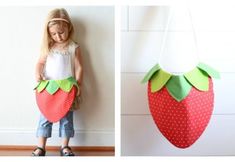 Fabric Strawberry Bag Free Sewing Pattern Diy Fabric Bird, Bag Free Sewing Pattern, Fabric Art Diy, Strawberry Bag, Strawberry Outfit, Sewing Tutorials Bags, Owl Sewing, Diy Ruffle, Soft Toys Making